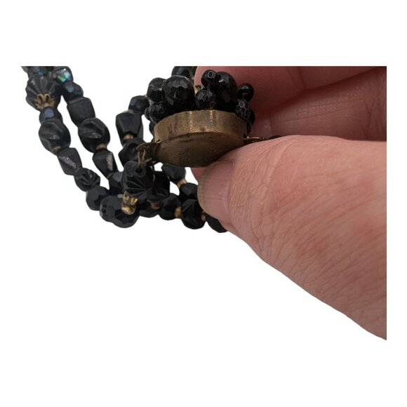 Vintage Western Germany Double-Strand Black Iridescent Bead Necklace Box Clasp - Picture 6 of 9